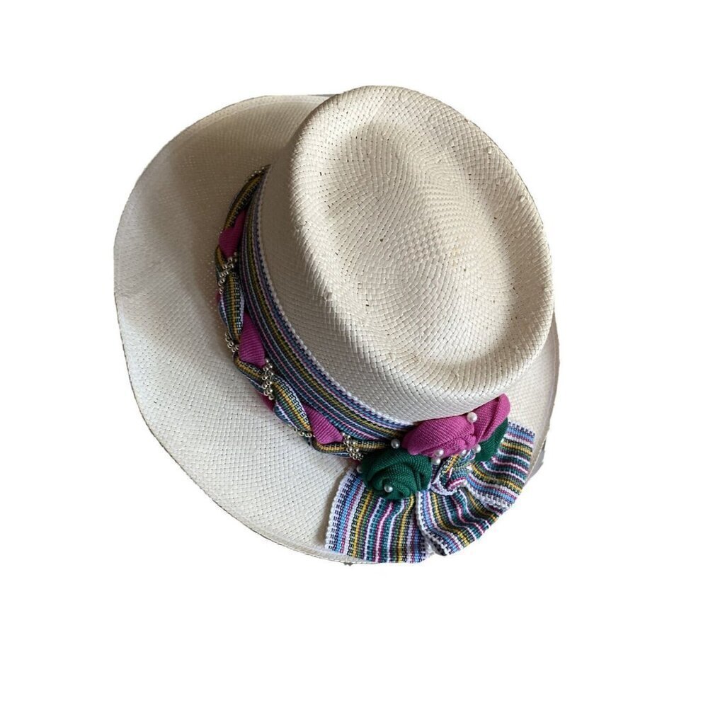 Hatlanta Straw Boater Hat Ivory Multi-Color Floral Pearl Bead Trim Made in USA